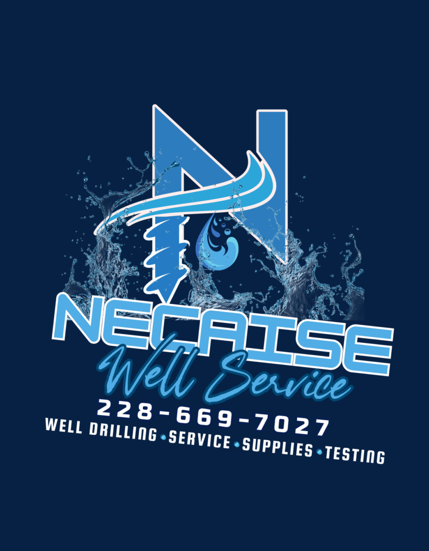 Logo for Necaise Well Service featuring a bold letter "N" integrated with a drill and water splash graphic. The design includes the company name in modern font, a water-themed swoosh, and contact information: 228-669-7027. Services listed are Well Drilling, Service, Supplies, and Testing.